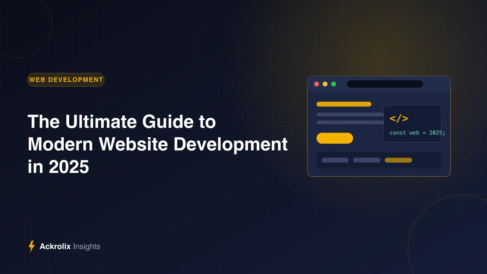 The Ultimate Guide to Modern Website Development in 2025 Illustration of a modern website in a browser window with code, for Ackrolix's guide to website development in 2025