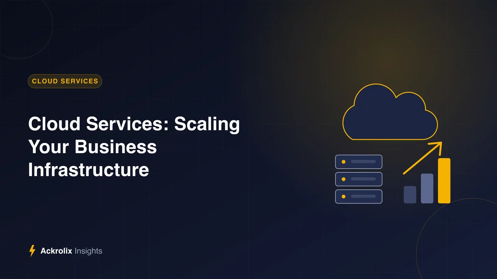 Cloud Services: Scaling Your Business Infrastructure Cloud, servers and growth chart illustration for Ackrolix's article on scaling business infrastructure with cloud services