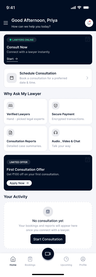 Ask My Lawyer client app home with instant and scheduled consultation options Ask My Lawyer client app home with instant and scheduled consultation options