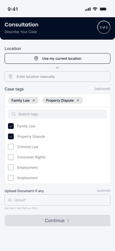 Ask My Lawyer consultation setup with location, case tags and document upload Ask My Lawyer consultation setup with location, case tags and document upload