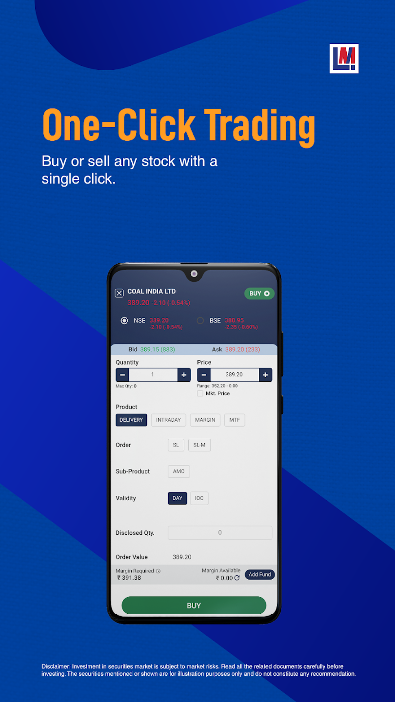 Latin Manharlal InvestMart mobile app one click trading screen Latin Manharlal InvestMart mobile app one click trading screen
