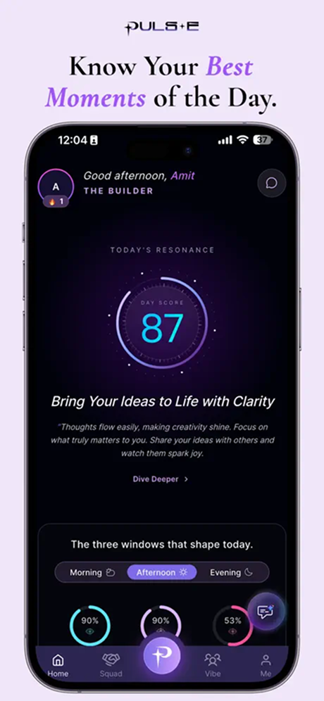 Pulse mobile app home with daily score and reflection prompts Pulse mobile app home with daily score and reflection prompts