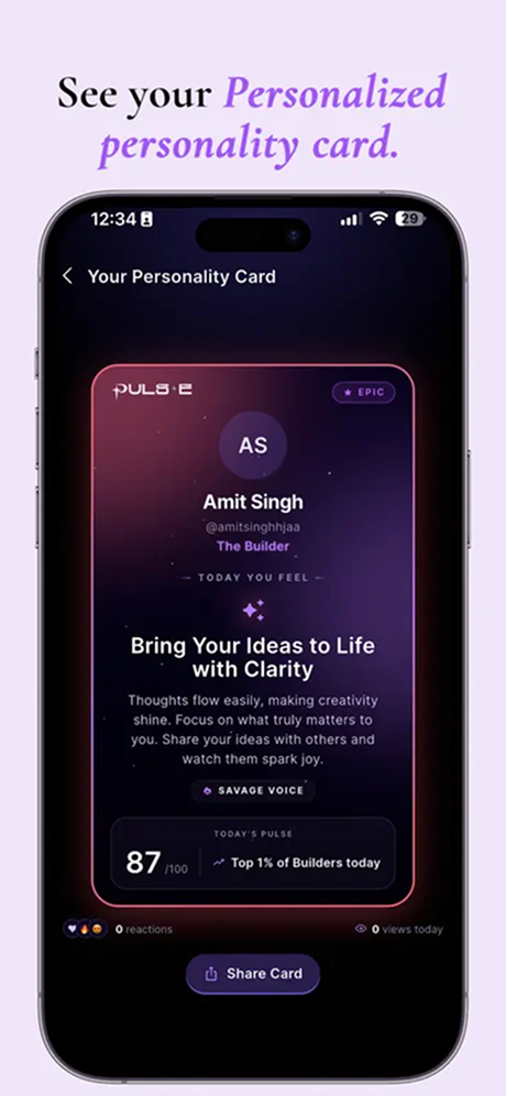 Pulse app personality card and sharing interface Pulse app personality card and sharing interface